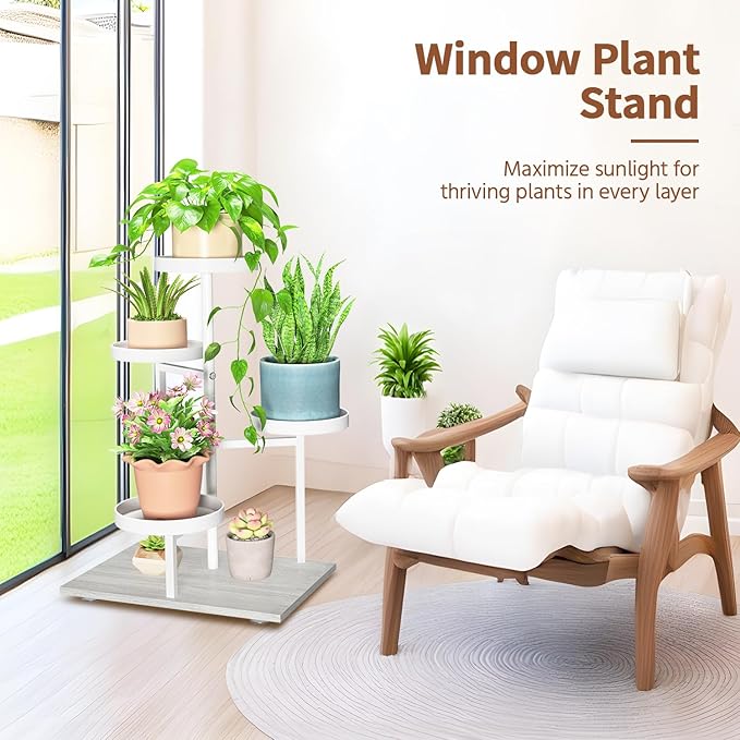 LASZOLA White 4 Tier Plant Stand Indoor Heavy Duty Rack for Modern House Planter, Metal and Wooden Vertical Organizer Decor Narrow Bathroom Floor, Sturdy Multi Level Flower Holder Raised, Cat Proof