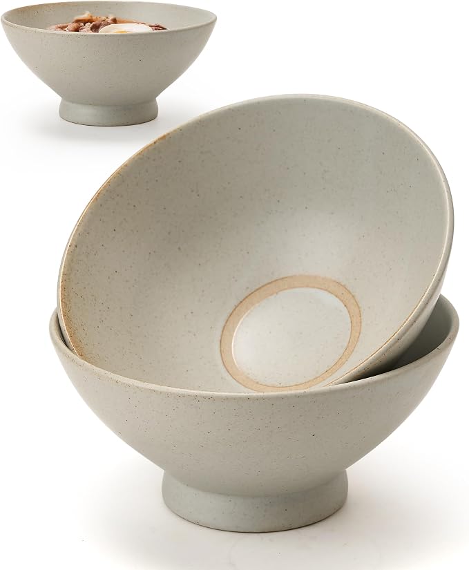 Ceramic Japanese Ramen Bowl Set, 8 Inch Large Noodle Bowl Set of 2, Dishwasher Safe for Asian Pho Udon Soba Noodle, Salad Pasta, Deep Soup Bowls, Speckled Light Gray
