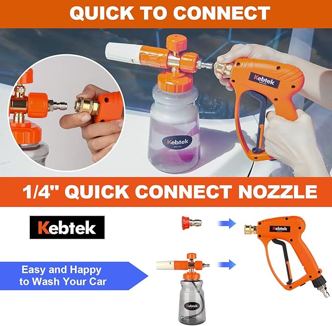 Short Pressure Washer Gun with Swivel 5200 PSI,Power Washer Gun Compatible with Foam Cannon - Car Wash Foam Gun-1/4 Quick Connector, with Nozzle Tips (MRP-003-B-spray Gun+Foam Pot)