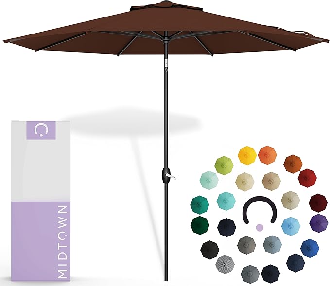 Midtown Umbrellas Sunbrella Umbrella 8 Feet Outdoor Umbrella With Sunbrella Bay Brown Acrylic Fabric - Auto-Tilt Aluminum Frame Patio Umbrella For Backyard, Deck, Garden, Pool - Black Pole