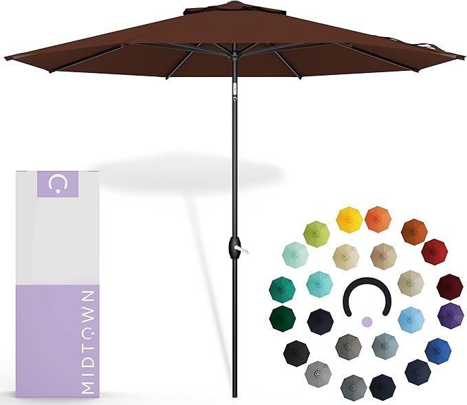 Midtown Umbrellas Sunbrella Umbrella 9 Feet Outdoor Umbrella With Sunbrella Bay Brown Acrylic Fabric - Auto-Tilt Aluminum Frame Patio Umbrella For Backyard, Deck, Garden, Pool - Black Pole