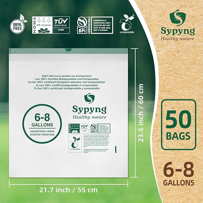 Compostable Trash Bags 6-8 Gallon (50-Pack) – Heavy Duty, 1.1 Mil Thick, 100% Biodegradable Kitchen Waste Bags for Medium Bins | ASTM D6400, BPI & OK Compost HOME Certified, Eco-Friendly & Recyclable