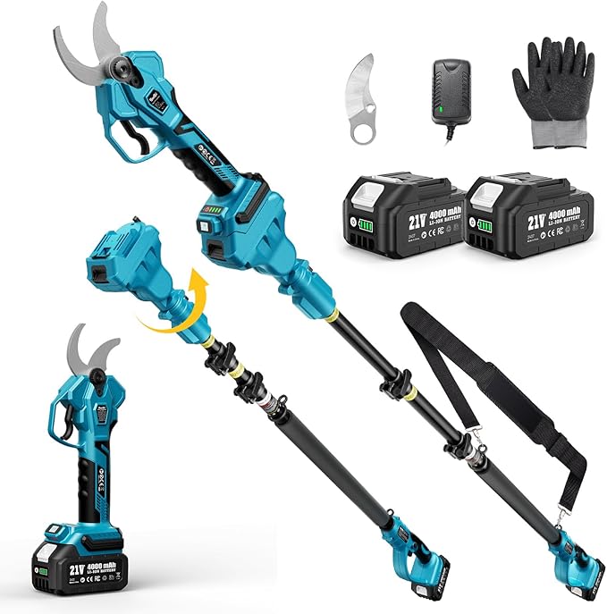 SEESII Pole Electric Pruning Shears: 1.8" Cutting Diameter 2-in-1 Cordless Power Pruner - Brushless Motor, Dual 4.0Ah Batteries, Extra SK5 Blade, 4 Modes Adjustable Branch Cutter for Garden Trimming