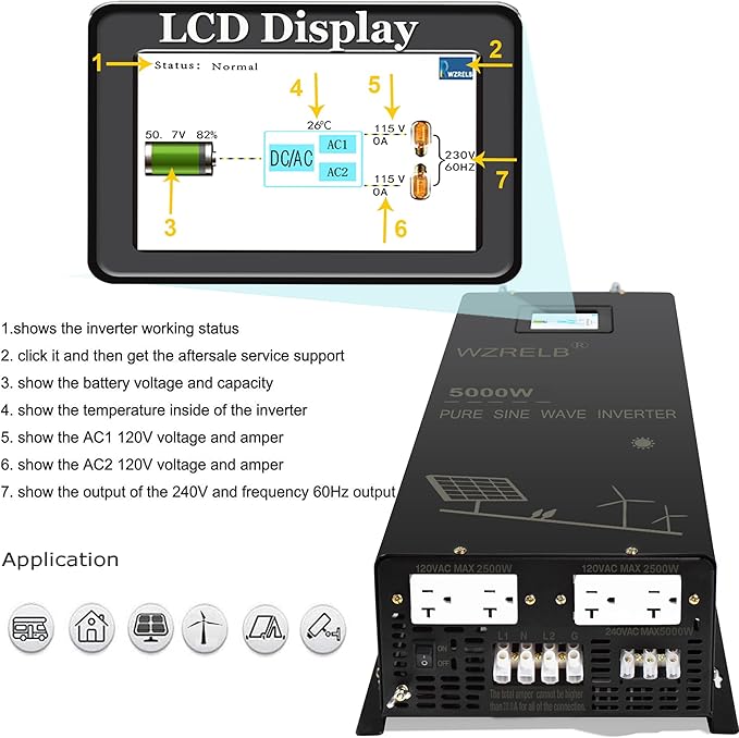 WZRELB 5000W Split Phase Pure Sine Wave Inverter,48V DC to AC 120V 240V, 4 Outlets, Hardwire Terminal,High Efficiency up to 91.6%