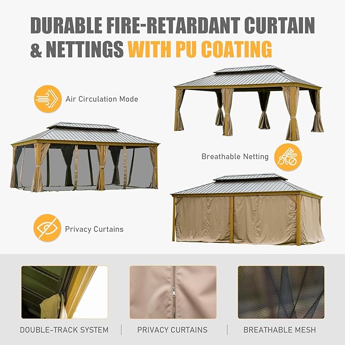 Domi 14' X 20' Hardtop Gazebo Large Outdoor Metal Gazebo with Galvanized Steel Double Roof Canopy, Wood Grain Aluminum Frame, Curtains and Netting for Patio, Deck, Garden
