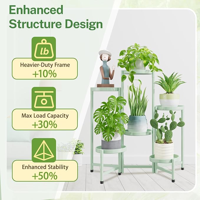 iDavosic.ly Plant Stand Indoor Outdoor, 6 Tier Corner Metal Flower Display Holder Shelf, Folding Tall Orchid Rack for Patio Balcony Porch Garden Living Room House, Light Green