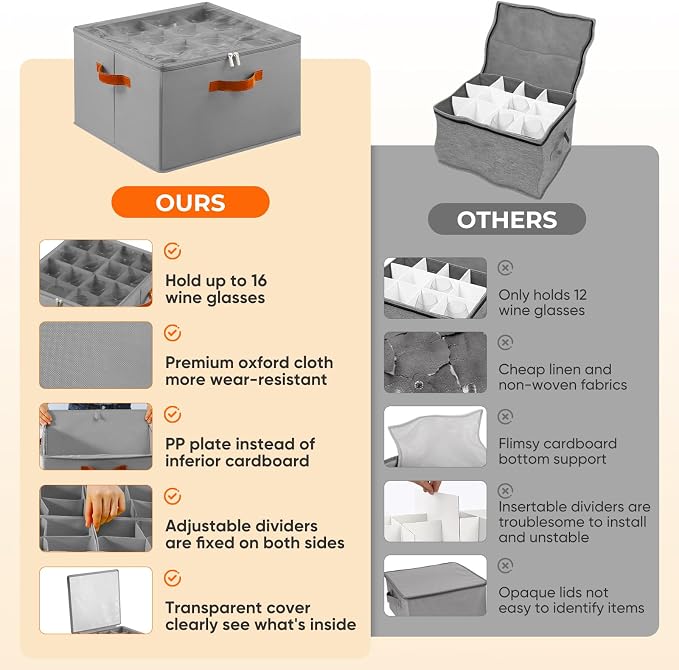 Foyego Wine Glass Storage Box, Gray | 16 Adjustable Dividers, Hard Shell, Stackable China Storage Containers Holds Stemware, Glassware, Crystal for Packing&Moving