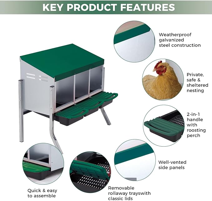 Chicken Nesting Boxes with Rollout Egg Collection – 3-Compartment Metal Hen Nest Box with Removable Trays, Slanted Roof & Ventilation, Wall Mount or Standing for Backyard Poultry Coop, Green