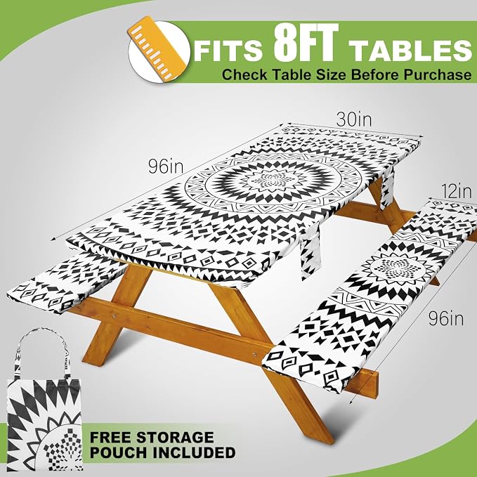 Fitted Picnic Table Cover with Bench Covers Waterproof Elastic Edges Rectangle Patio Tablecloth Outdoor Camping Essentials Stuff Rv Accessories Summer Trip Travel Supplies Party Camper Gifts, 8 ft
