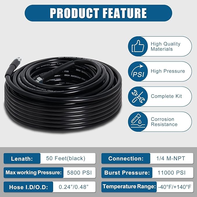 50FT Sewer Jetter Kit for Pressure Washer, 5800PSI Water Jet Durable Drain Cleaner Hose 1/4 Inch NPT Corner with 4 Specialized Nozzles,Waterproof Tape, Pearl Corsage Pin, Handle Strap & 2 Spanners