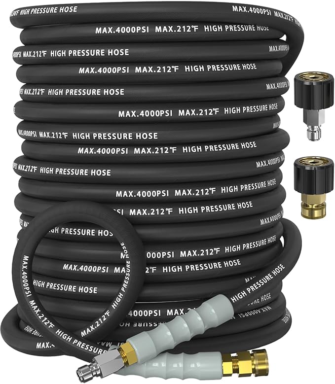 Pressure Washer Hose 100FT 4000 PSI, Kink Resistant Steel Braided Layer & NonMarking Rubber for Hot/Cold Water, High Power Washer Hose With 3/8 Inch Quick Connect & M22 Fitting, Black