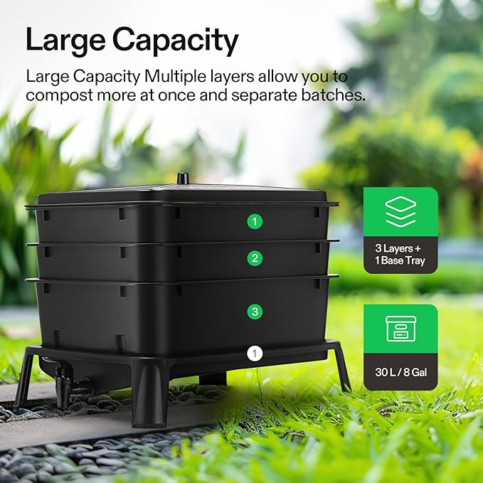 VIVOSUN 3-Layer Worm Compost Bin, 30L Worm Composter, Easy Setup Inclusive Worm Farm Kit for Recycling Food Waste