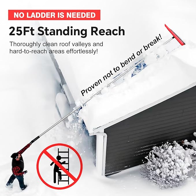 Never-Scratch SnowBuster | 19-Foot Snow Roof Rake(Up to 25Ft Standing Reach) | Heavy-Duty Aluminum|EVA Soft Foam Pad Snow Removal Tool|S-Shaped Push/Pull Design for House Roofs, Solar Panels