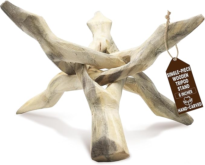 Alternative Imagination Wooden Tripod Display Stand - 6-Inch Hand Carved Holder Made from Mango Wood -Folding Natural Stand for Abalone Shell, Crystal Ball, Key Bowl,Trinket Dish, Incense,Decor & More