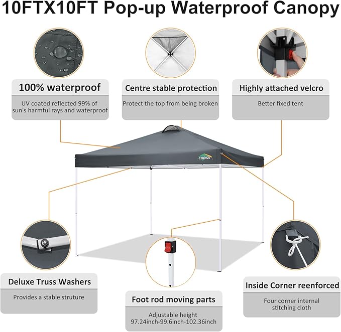 COBlZI 10x10 Pop Up Canopy Tent with 4 Removable Sidewalls,Waterproof Commercial Easy Adjustable Gazebo Tent with Air Vent, 4 Sandbags,4 Stakes & 8 Ropes(Tents for Party/Exhibition,Grey