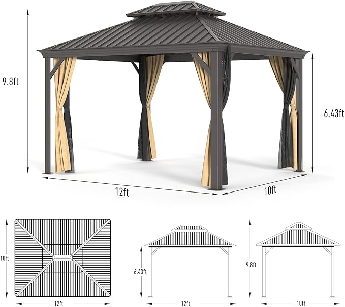 Gazebo 10' x 12' with Mosquito Net and Privacy Sidewalls, Patio Aluminum Permanent Gazebo, All Weatherproof Outdoor Hardtop Metal Gazebos,for Patio, Garden, Parties, Backyard,Lawn.