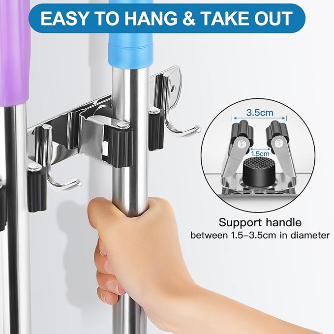 IMILLET Broom Holder Wall Mounted, Stainless Steel Broom Mop Holder Self Adhesive Heavy Duty Hooks Storage Organizer for Home Laundry Room Garden Garage Closet Kitchen 1 Pack(4 Racks with 5 Hooks)