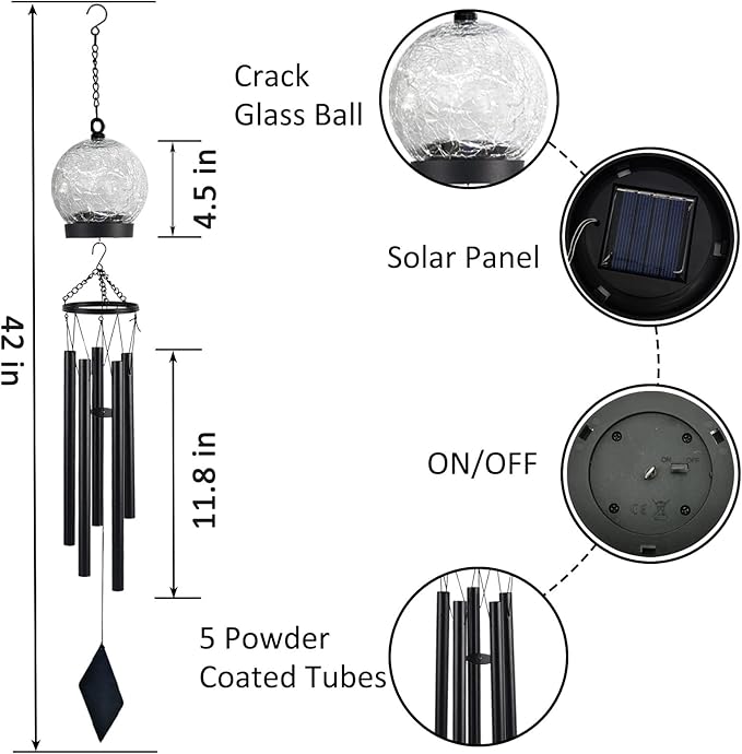 Garden Wind Chimes Outdoor, Solar Hanging Glass Ball Wind Chimes with 15 Twinkling LEDs 42 Inch Large with Unique Memorial Sympathy Wind Chime Outside Garden Décor as a Gift for Patio, Porch, Balcony