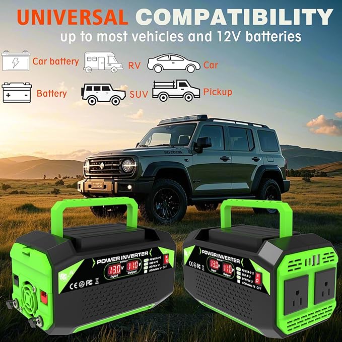 600W Power Inverter, 12V DC to 110V AC Converter with LED Display, 2 AC Outlets, 2 PD 25W Type-C, 2 QC 18W USB-A(4.2A),2 DC Port, for Road Trips Laptop Computer