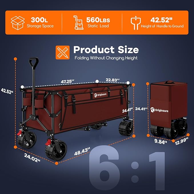 48" L Collapsible Wagon Cart Foldable, 560lbs Weight Capacity 300L Heavy Duty Folding Beach Wagons with Big All-Terrain Wheels, Utility Carts for Groceries, Shopping, Camping, Sports - Red