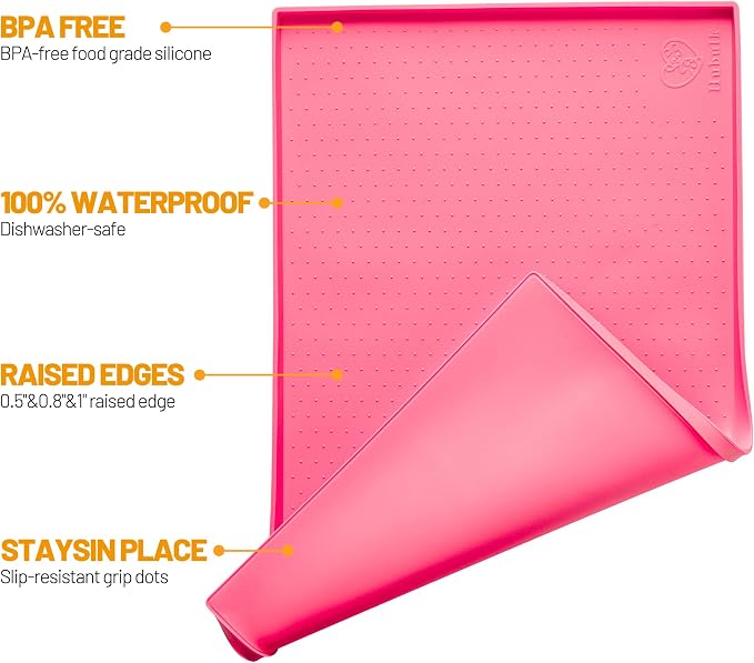 Hubulk Dog Feeding Mat,100% Waterproof Food Grade Silicone Pet Food and Water Bowl Placemat,Dishwasher, High Raised Edge to Prevent Spills,Nonslip Tray to Stop Messes on Floor (19"x12"x0.5", Pink)