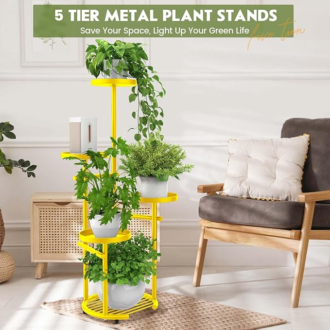 TOSKING 5 Tier Metal Plant Stand Indoor, Plant Shelf, Corner Shelf Flower Pot Stand for Outdoor Plant Stand for Living Room Balcony Garden Patio Bedroom (yellow, 38in)