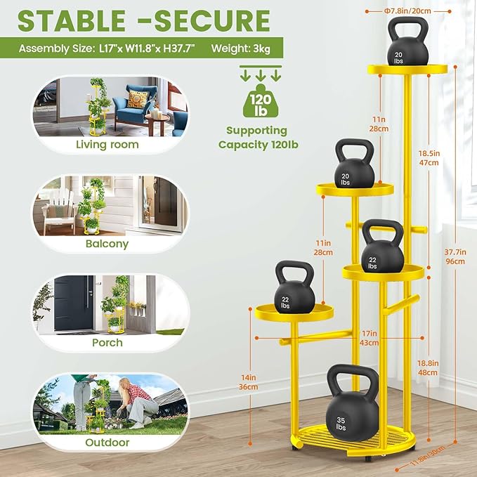 TOSKING 5 Tier Metal Plant Stand Indoor, Plant Shelf, Corner Shelf Flower Pot Stand for Outdoor Plant Stand for Living Room Balcony Garden Patio Bedroom (yellow, 38in)