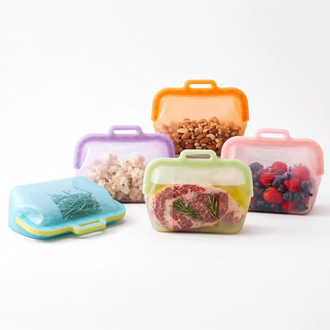 68oz Reusable Silicone Food Storage Bags with Magnetic Seal, Stand Up Freezer Bags for Meal Prep, Snacks, Sandwiches & Leftovers, Dishwasher Safe Reusable Food Storage Bag (Purple)