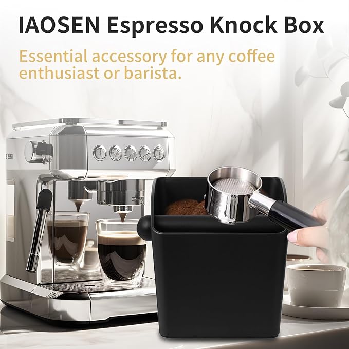 IAOSEN Large Square Knock Box Shock-absorbent Knock Box Espresso with Removable Knock Bar and Non-Slip Base Espresso Accessories for Home/Office (Large Black Knock Box)