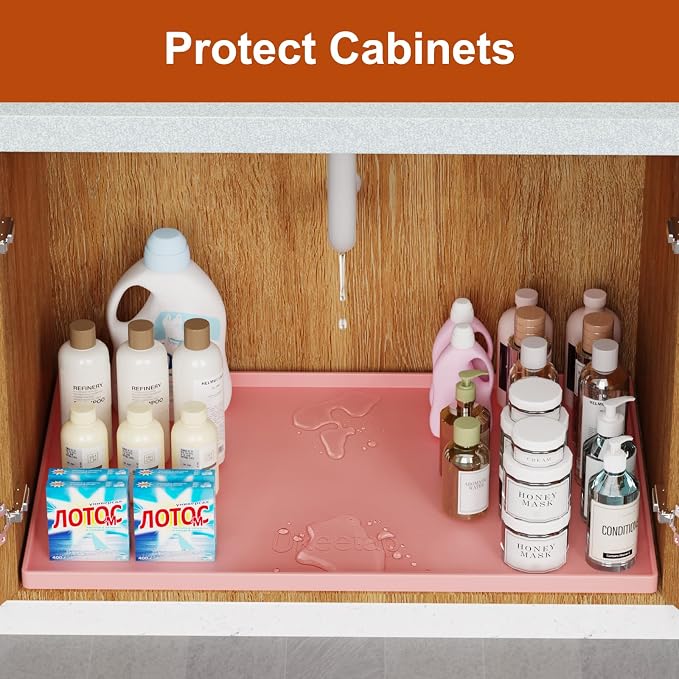 ukeetap 34" x 22" Extra Thick Silicone Mat Waterproof with Raised Edge, Under Sink Mat for Kitchen & Bathroom, Kitchen Cabinet Liner, Multi-Purpose for Storage & Protection, Pink