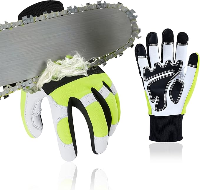 Vgo... 1Pair Chainsaw Gloves, 12-Layer Chainsaw Protection on Left Hand Back,Goat leather Work Gloves, Mechanic Gloves