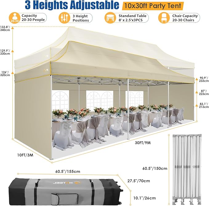 HOTEEL 10x30 Pop up Canopy Tent for Parties, Heavy Duty Easy Setup Tent with 5 Sidewalls, Outdoor Commercial Instant Gazebo for Wedding Event, with Roller Bag & Sand Bags, Khaki(Hexagonal Frame)