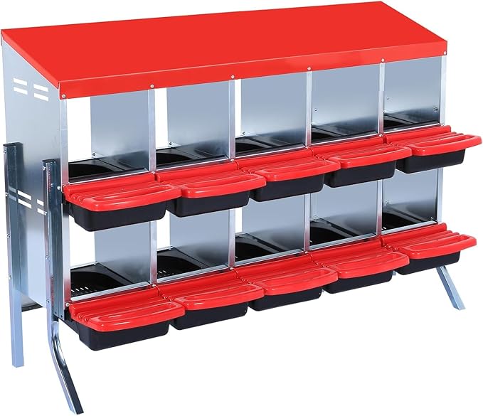 Chicken Nesting Box, 10-Hole Metal Wall Mount Chicken Laying Boxes with Legs and Lid Cover, Easy to Assemble, Roll-Away Egg Design Nesting Boxes for Outdoor Chicken Coop & Farm Yard, Red