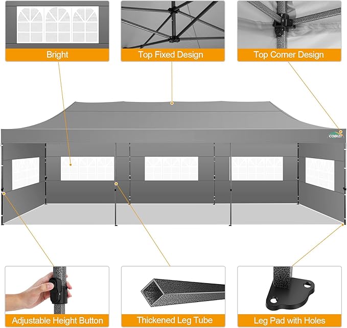 COBIZI 10x30 Pop up Canopy Tent 10x30 Canopy with 8 Sidewalls Waterproof Heavy Duty Commercial Canopy Tent for Parties Outdoor Tent Garden Gazebo Tent, Carry Bag with Wheel(10x30ft, Gray)