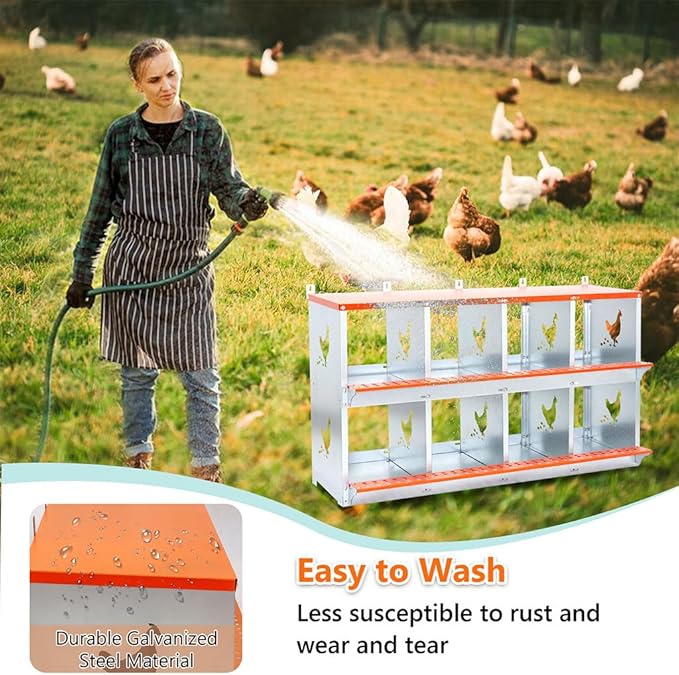 8 Hole Chicken Nesting Boxes for Laying Eggs, Large Galvanized Steel Hen Nesting Box with Ventilation & Coconut Fiber Pads, Wall Mount Chicken Laying Box for Hens, Ducks & Birds, Orange