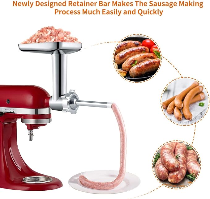 100% Stainless Steel Meat Grinder for KitchenAid Mixer, Dishwasher Safe | Includes 3 Sausage Stuffer Tubes & 4 Grinding Plates, Anti-Corrosion Polished Design(Not include the KitchenAid Mixer)