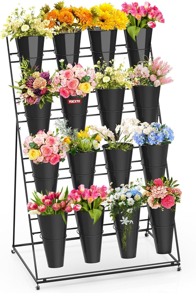 Flower Display Stand 4 Layers with 16 PCS Round Buckets, Plant Stand with Wheels, Movable Metal Plant Stand for Terrace Garden, Florist Shop