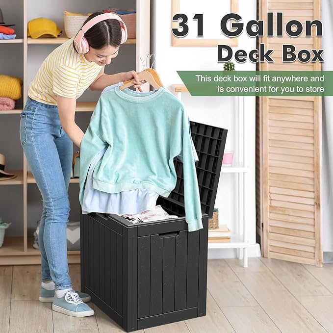 32 * 2 Gallon Outdoor storage deck Box Waterproof ,garden tool,backyard cushion,poolside toy storage,Small delivery boxes for outside,Two Boxes/set,Wood-like Striped BLack