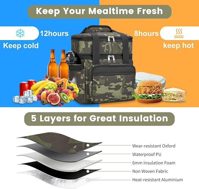 holuxer Insulated Lunch Bag & Lunch Box for Men - Double Deck Reusable Lunch Bag for Women Tote Cooler Bag Leakproof Soft Expandable - Large Lunchbox for Work/Adult/Picnic/Outdoor (Camo,15L)