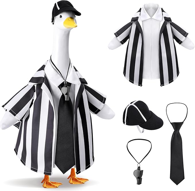 Watayo 4 Pcs/Set Referee Porch Goose Outfits, Lawn Goose Statue Referees Costume, Garden Goose Clothes Referee Shirt Hat Tie and Whistle for 23" Statue Halloween Sports Season Outdoor Patio Yard Decor