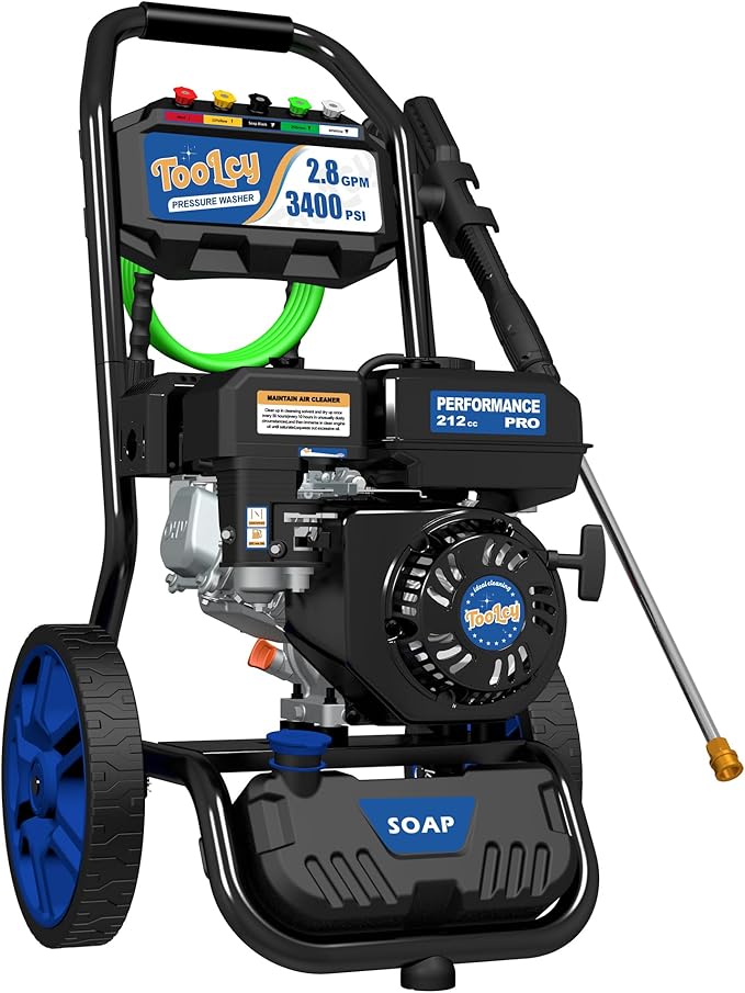 TOOLCY Gas Pressure Washer 3400 PSI & 2.8 GPM, High-Performance 212cc Engine, Reinforced Pump, 35FT Extended Power Hose, Kink-Less Swivel Gun with & 5 Nozzles, for Cars/Fences/Driveways/Homes/Patios