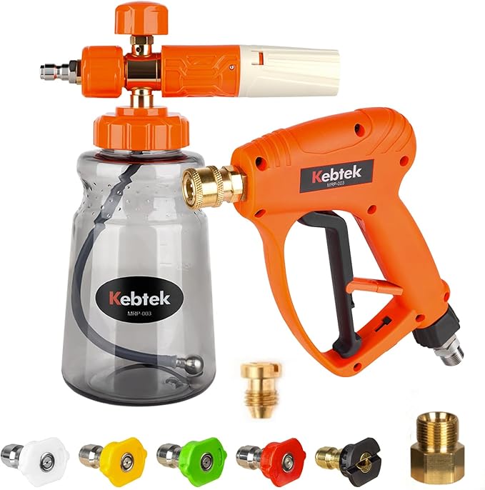 Short Pressure Washer Gun with Swivel 5200 PSI,Power Washer Gun Compatible with Foam Cannon - Car Wash Foam Gun-1/4 Quick Connector, with Nozzle Tips (MRP-003-B-spray Gun+Foam Pot)