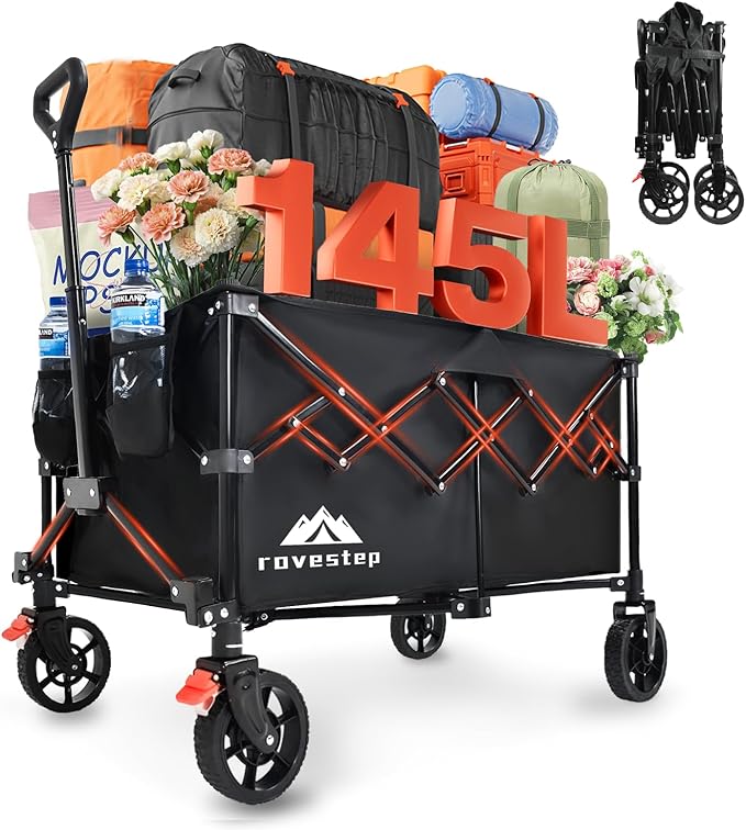 Collapsible Wagon Cart Heavy Duty Utility Carts with All Terrain Wheels for Garden, Grocery, Camping, Sports, Shopping, and Outdoor Use - 360lbs Capacity, Foldable, Portable, 145L Large Wagon