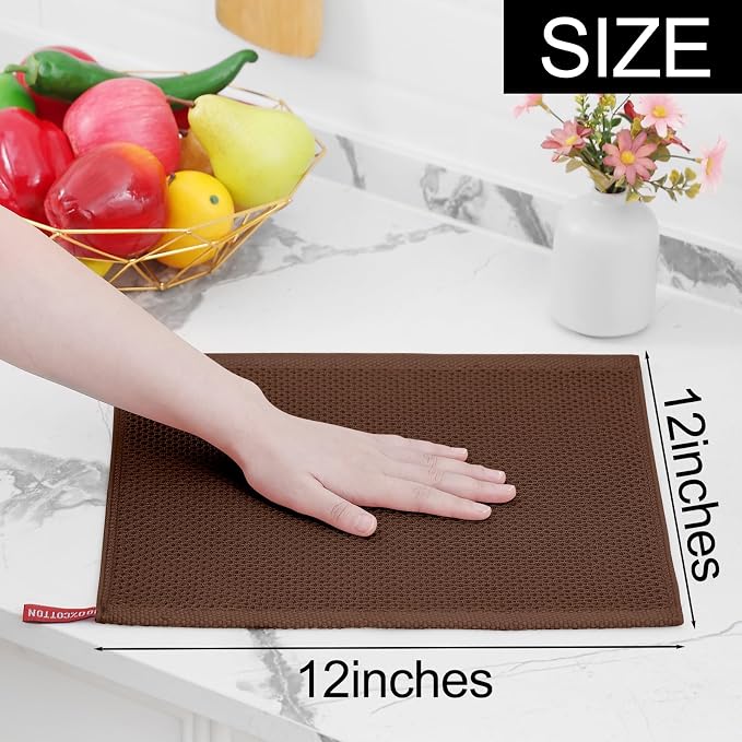 Homaxy 100% Cotton Waffle Weave Kitchen Dish Cloths, 7-Pack, Coffee | 12 x 12 Inches, Ultra Soft Absorbent Dish Towels, Quick Drying Dish Rags with Hanging Loop