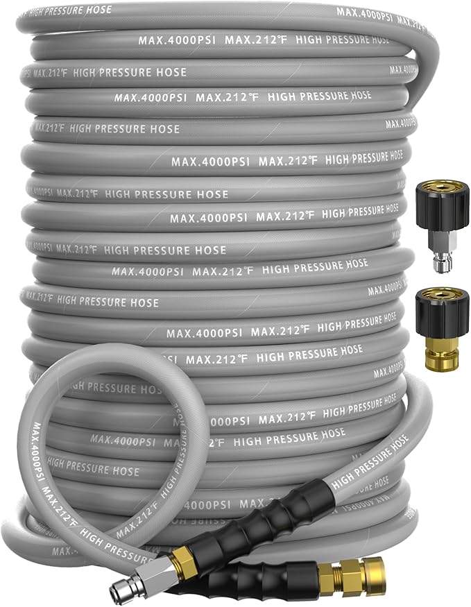 Pressure Washer Hose 150FT 4000 PSI, Kink Resistant Steel Braided Layer & NonMarking Rubber for Hot/Cold Water, High Power Washer Hose With 3/8 Inch Quick Connect & M22 Fitting, Gray