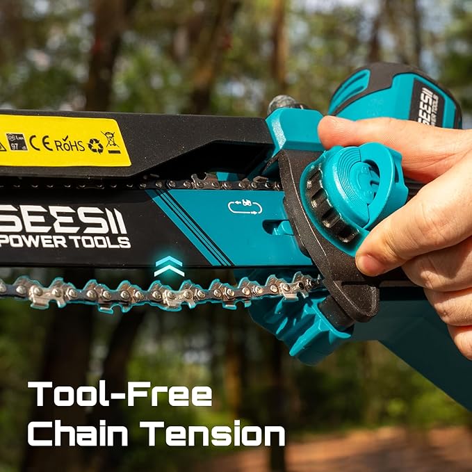 SEESII 8-Inch Cordless Mini Chainsaw, 2025 Upgraded Brushless Motor, Electric Chainsaw with 2×4000mAh Batteries, Tool-Free Chain Tension & Oiler, Handheld Saw for Fast Tree Branch Cutting(M8 Boost)