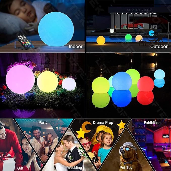 LOFTEK Pool LED Light Ball - 12-inch Sphere Lamp Rechargeable - 16 RGB Cool Lamp for Bedroom Ambient Lighting - Smart Night Light for Baby Nursery - Waterproof Light for Yard & Pool Decor, 1PCS