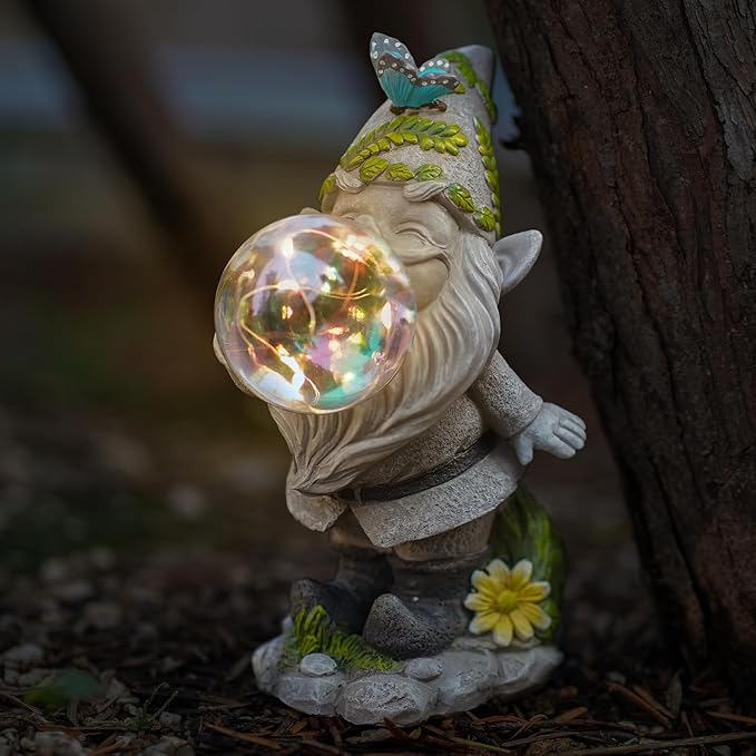 MININOVA Cute Solar Decor Statues Outdoor Standing Gnome Blowing Bubble Beautiful Garden Decorations for Patio Lawn Porch Housewarming Birthday Gift