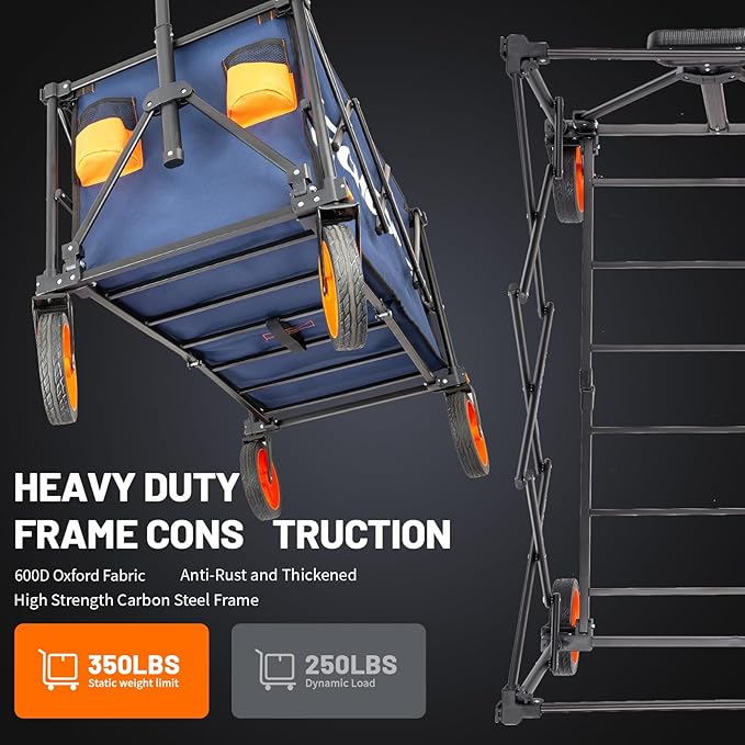 EchoSmile Collapsible Foldable Wagon Cart with 350lbs Weight Capacity, Heavy Duty Folding Utility Sport Wagon with Removeble Wheels for Camping,Grocery,Garden,Beach,Blue&Orange