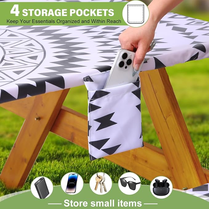Fitted Picnic Table Cover with Bench Covers Waterproof Elastic Edges Rectangle Patio Tablecloth Outdoor Camping Essentials Stuff Rv Accessories Summer Trip Travel Supplies Party Camper Gifts, 8 ft
